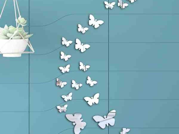 Set 25 Oglinzi acrilice autoadezive fluturi, pentru decorarea peretilor, 15 buc x 4 cm si 10 buc x 3 cm, Argintiu –