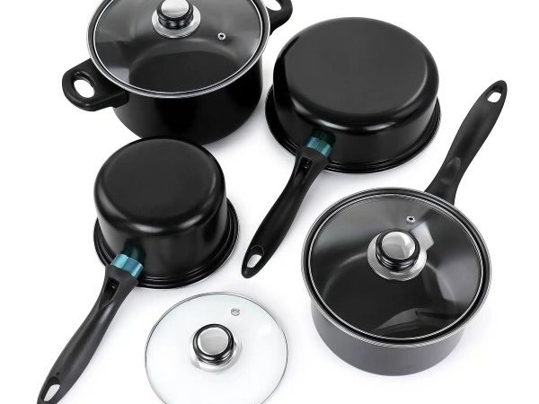 Set vase de gatit, 7 piese, otel carbon, negru