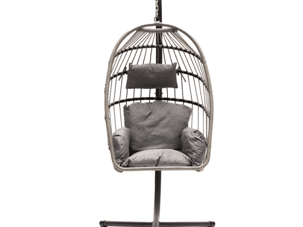 Fotoliu Leagan suspendat, pliabil, cadru de susținere, bază din oțel, perne din material textil rezistent la UV și apa, pentru interior și exterior, Negru/Gri