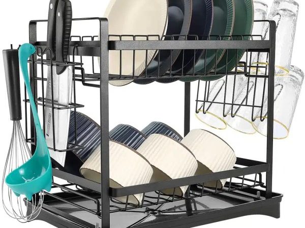 Raft scurgator de vase, 3 niveluri, 3 separatoare, cu suport pentru tacamuri, inox, dimensiuni 42x23x61, negru
