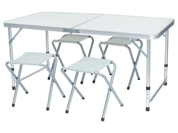 Set masă camping pliabilă cu 4 scaune aluminiu ușor, reglabil pe înălțime, portabil pentru picnic, grătar, excursii, pescuit 120×60 cm