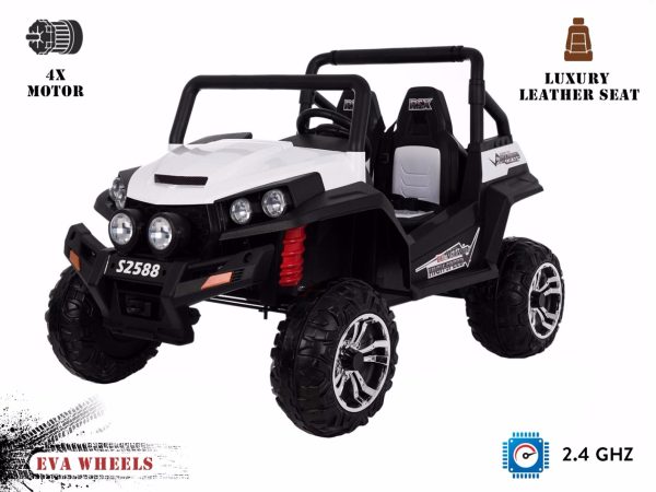 Mașinuță electrică pentru copii RSX tip ATV, Albă- Telecomandă 2.4Ghz, 4x Motoare, 2 scaune din piele, roți ușoare Eva, Radio FM, Bluetooth