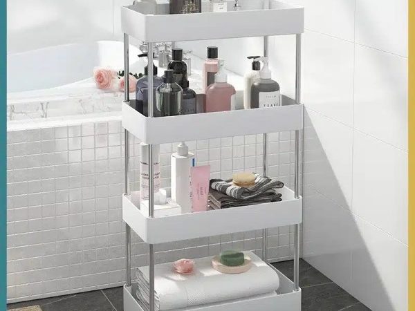 Support cuier Carucior organizator Etajera slim portabil cu 4 rafturi, alb pentru baie si bucatarie cu roti