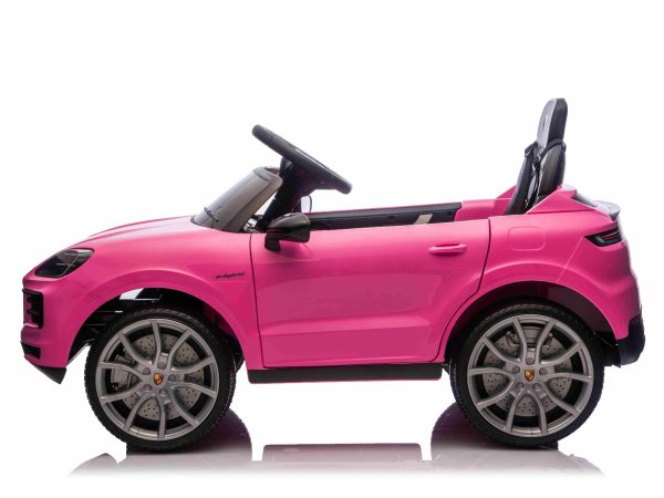Mașinuță electrică copii Porsche Cayenne 12V cu tracțiune spate și licență origianlă, un singur loc, roz, baterie litiu, scaun lat, axe cu suspensii, telecomandă 2.4 GHz, player MP3 cu intrare USB/AUX, lumini LED
