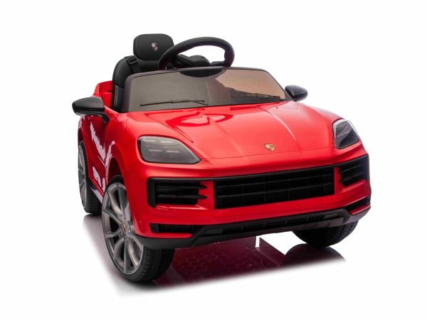 Mașinuță electrică copii Porsche Cayenne 12V cu tracțiune spate și licență origianlă, un singur loc, roșu, baterie litiu, scaun lat, axe cu suspensii, telecomandă 2.4 GHz, player MP3 cu intrare USB/AUX, lumini LED