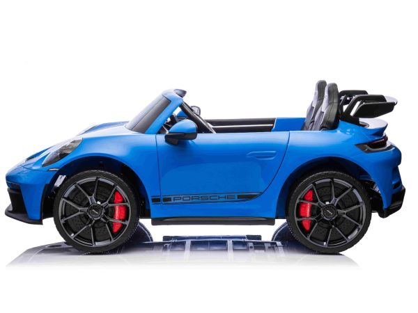 Mașină electrică copii Porsche 911 GT3 24V cu tracțiune 4x4, albastru, scaun cu două locuri, telecomandă 2.4 GHz, intrare USB/AUX, motoare 200W, suspensie, baterie litiu, lumini LED față și spate, licență ORIGINALĂ
