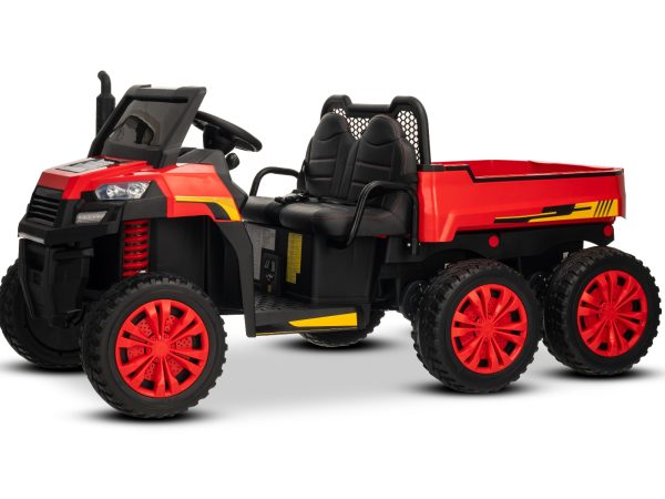 Tractor electric de fermă RIDER 6X6 24V cu tracțiune integrală 4X 200W, cu două locuri, roșu, baterie litiu, roți EVA, scaun dublu din imitație de piele, axe cu suspensii, telecomandă 2.4 GHz, player MP3 cu intrare USB/AUX, Bluetooth