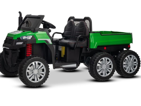 Tractor electric de fermă RIDER 6X6 24V cu tracțiune integrală 4X 200W, cu două locuri, verde, baterie litiu, roți EVA, scaun dublu din imitație de piele, axe cu suspensii, telecomandă 2.4 GHz, player MP3 cu intrare USB/AUX, Bluetooth