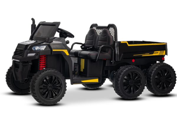 Tractor electric de fermă RIDER 6X6 24V cu tracțiune integrală 4X 200W, cu două locuri, negru, baterie litiu, roți EVA, scaun dublu din imitație de piele, axe cu suspensii, telecomandă 2.4 GHz, player MP3 cu intrare USB/AUX, Bluetooth