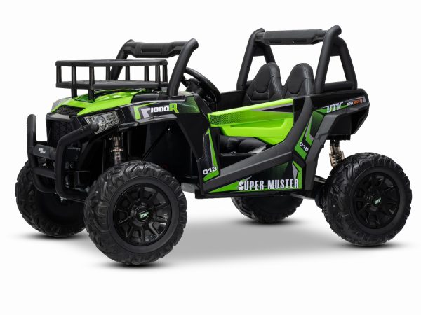 Mașină electrică pentru copii UTV 24V, verde, două locuri, motor 2 x 200 W, Baterie litiu, roți EVA, osii cu arcuri, frână electrică, scaun tapițat, 2.4 GHz DO, două locuri, USB, AUX