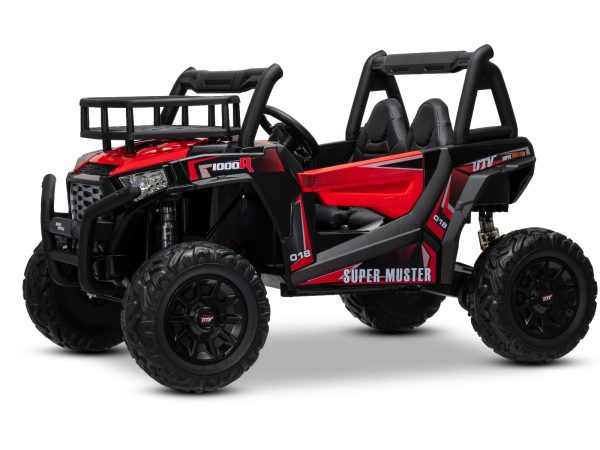 Mașină electrică pentru copii UTV 24V, roșie, două locuri, motor 2 x 200 W, Baterie litiu, roți EVA, osii cu arcuri, frână electrică, scaun tapițat, 2.4 GHz DO, două locuri, USB, AUX