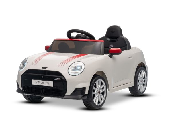 Mașină electrică copii BMW Mini Cooper 12V, alb, intrare USB cu conexiune Bluetooth la player MP3, telecomandă 2.4 GHz, motor 2 x 25W, baterie litiu, lumini LED, licență ORIGINALĂ