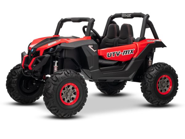 Mașinuță electrică de jucărie NEW RSX 24V, roșu, tracțiune 4x4, baterie litiu, roți EVA, suspensii, scaun din piele artificială cu două locuri, telecomandă, player MP3 cu intrare USB/AUX