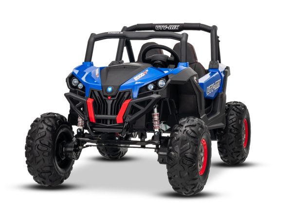 Mașinuță electrică de jucărie NEW RSX 24V, albastru, tracțiune 4x4, baterie litiu, roți EVA, suspensii, scaun din piele artificială cu două locuri, telecomandă, player MP3 cu intrare USB/AUX