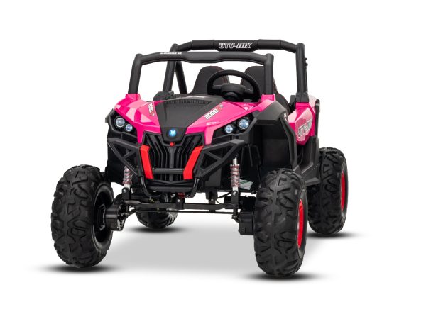 Mașinuță electrică de jucărie NEW RSX 24V, roz, tracțiune 4x4, baterie litiu, roți EVA, suspensii, scaun din piele artificială cu două locuri, telecomandă, player MP3 cu intrare USB/AUX