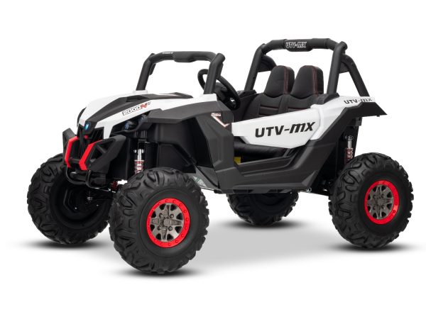 Mașinuță electrică de jucărie NEW RSX 24V, alb, tracțiune 4x4, baterie litiu, roți EVA, suspensii, scaun din piele artificială cu două locuri, telecomandă, player MP3 cu intrare USB/AUX