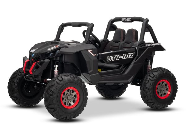 Mașinuță electrică de jucărie NEW RSX 24V, negru, tracțiune 4x4, baterie litiu, roți EVA, suspensii, scaun din piele artificială cu două locuri, telecomandă, player MP3 cu intrare USB/AUX