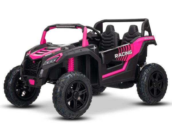 Mașina electrica copii UTV XXL 24V, roz, cu două locuri, motor cu diferențial, roți gonflabile din cauciuc, punți spate cu suspensii, frână pe disc, scaun căptușit, volan reglabil, bluetooth, player MP3 cu intrare USB/SD