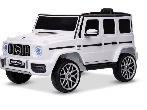 Mașinuță electrică Mercedes G63 12V, alb, scaun individual, suspensii față/spate, baterie litiu, telecomandă 2.4 GHz, 2XMOTOR, USB, Bluetooth, licență ORIGINALĂ