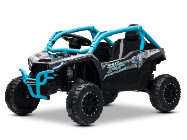 Mașinuță electrică de jucărie Kawasaki TERYX KRX 1000 12V, albastru, un scaun, suspensie punte spate, telecomandă 2.4 Ghz, baterie litiu, 2 motoare x 25W, rame de protecție care se deschid, player MP3 cu intrare USB/AUX, model cu licență