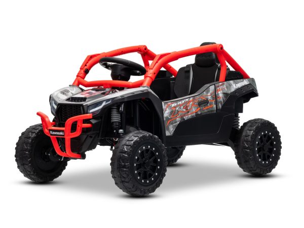 Mașinuță electrică de jucărie Kawasaki TERYX KRX 1000 12V, roșu, un scaun, suspensie punte spate, telecomandă 2.4 Ghz, baterie litiu, 2 motoare x 25W, rame de protecție care se deschid, player MP3 cu intrare USB/AUX, model cu licență