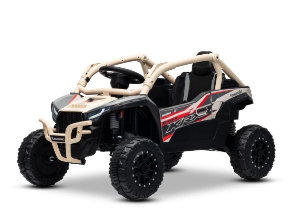 Mașinuță electrică de jucărie Kawasaki TERYX KRX 1000 12V, kaki, un scaun, suspensie punte spate, telecomandă 2.4 Ghz, baterie litiu, 2 motoare x 25W, rame de protecție care se deschid, player MP3 cu intrare USB/AUX, model cu licență