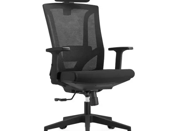 Scaun de birou Ergoplus Super-H, negru, tetiera reglabila 2D, spatar mesh, brate reglabile, mecanism syncron, suport lombar reglabil, sezut cu spuma poliuretanica injectata