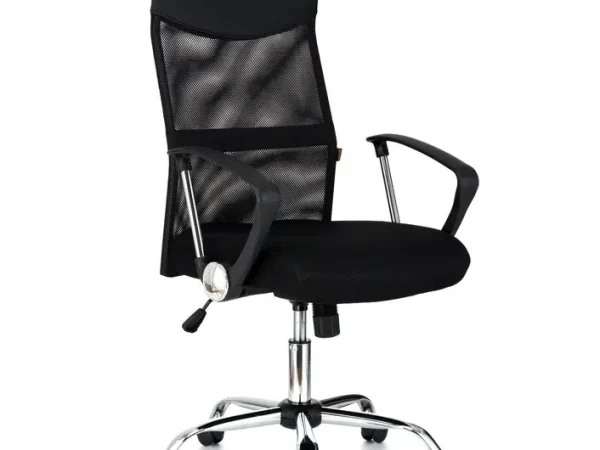 Scaun de birou ergonomic, model VIRE, Negru, mecanism balans, bază oțel cromat, mesh + tetieră PU