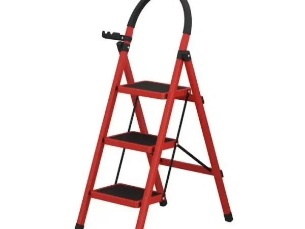 Scara Pliabila cu 3 Trepte Late Metalica, Picioare Antialunecare, Rosu cu Negru