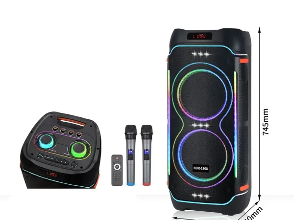 Boxă Portabilă Party3000 – 800W, 2 Difuzoare de 12”, Full LED Dinamic, 2 Microfoane Wireless + Telecomandă