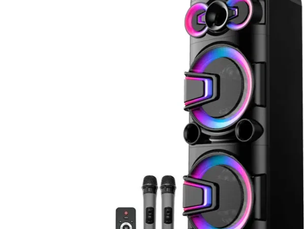 Boxă portabilă 700W cu 2 difuzoare de 10”, Bluetooth, USB/SD, LED RGB, 2 microfoane wireless, conexiune pentru microfon și chitară, autonomie 3–5 ore și telecomandă inclusă.