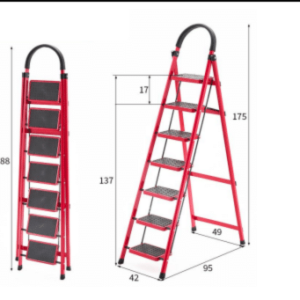 Scară Metalică, 7 Trepte Antiderapante, Structură Solidă, Roșie, 175 cm, 150 kg