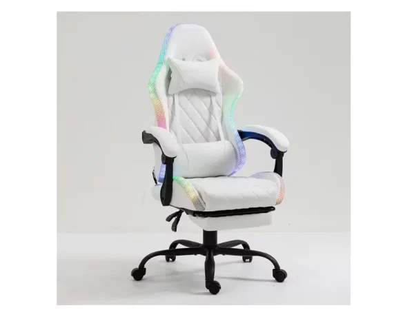 Scaun Gaming Profesional, Iluminare RGB, King Size, Cadru Otel, Piele Sintetica – alb