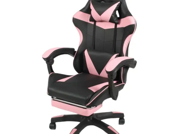 Scaun Gaming Profesional, King Size, Cadru Otel, Piele Sintetica, 130 kg, perna lombara – roz