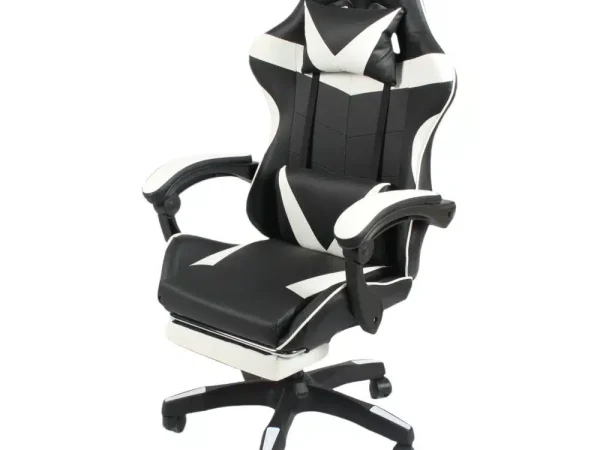 Scaun Gaming Profesional, King Size, Cadru Otel, Piele Sintetica, 130 kg, perna lombara – alb