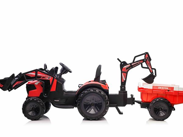 Tractor electric TOP-WORKER 12V cu cupă și remorcă, roșu, Scaun simplu, moale din PU, MP3 Player cu intrare USB, Tracțiune spate, Motor 2 x 45W, roți EVA, Baterie litiu, Telecomandă