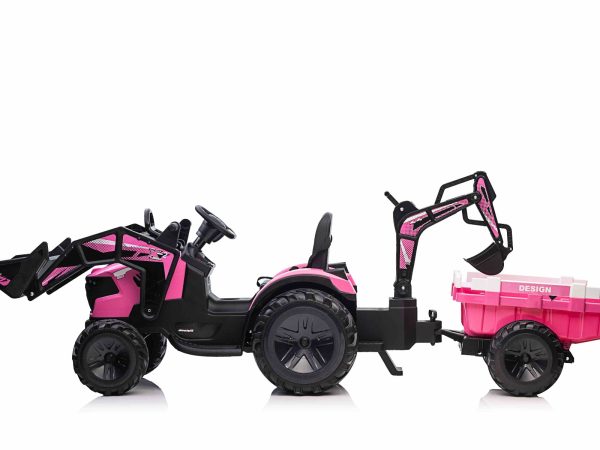 Tractor electric TOP-WORKER 12V cu cupă și remorcă, Roz, Scaun simplu, moale din PU, MP3 Player cu intrare USB, Tracțiune spate, Motor 2 x 45W, roți EVA, Baterie litiu, Teldecomandă