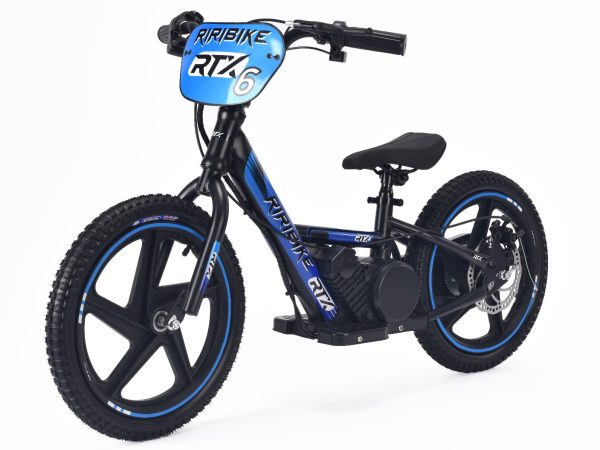 Bicicletă electrică pentru copii RIRIBIKE RTX6 24V (16'), albastru, baterie litiu, motor 250W, frână disc, Scaun reglabil din PU moale