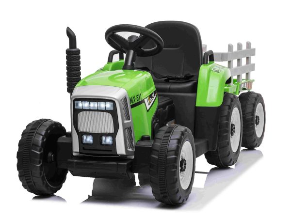 Tractor electric copii cu remorcă WORKERS, verde, tracțiune spate, Baterie litiu, scaun lat, telecomandă de 2,4 GHz, player MP3 cu port USB, lumini LED