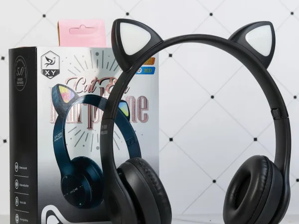 Casti audio copii cu urechiuse luminoase SMART Kitty® microfon volum reglabil stereo bass pentru tablete/smartphones/laptop/PC/TV – negru