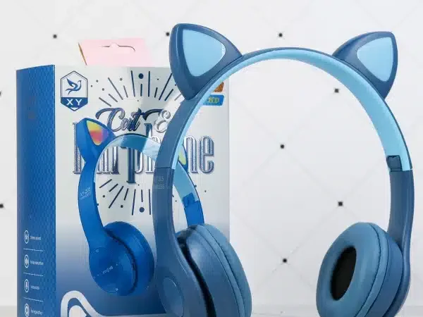 Casti audio copii cu urechiuse luminoase SMART Kitty® microfon volum reglabil stereo bass pentru tablete/smartphones/laptop/PC/TV – albastru