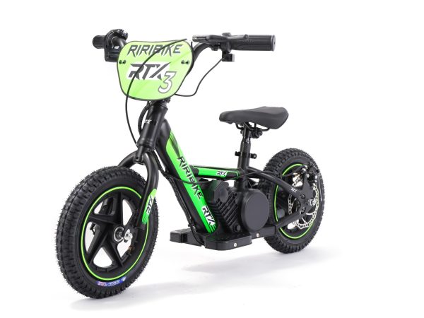 Bicicletă electrică de echilibru pentru copii TRYBIKE RTX3 24V (12'), verde, baterie litiu, motor 100W, frână disc, Scaun reglabil din PU moale