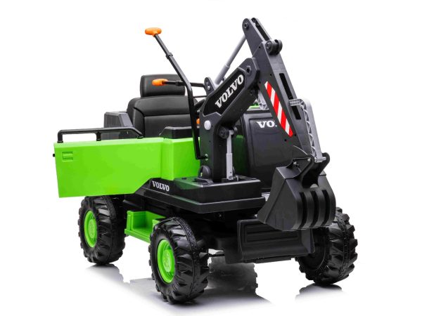 Excavator electric Volvo 12V cu cupă, un singur scaun, verde, scaun din piele moale, MP3 Player cu intrare USB/TF/AUX, tracțiune spate, Motor 2 x 35W, roți EVA, baterie 12V/14Ah
