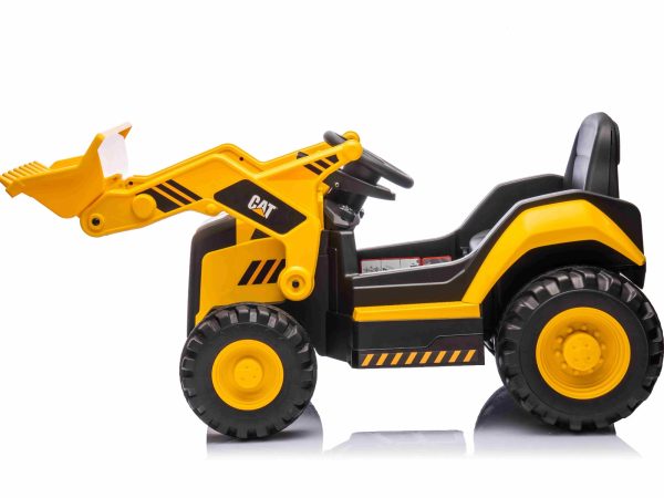 Excavator electric Caterpillar model cu licență cu cupă față, scaun unic, galben, intrare USB pentru player MP3, tracțiune spate cu 2 motoare de 30 W și baterie litiu