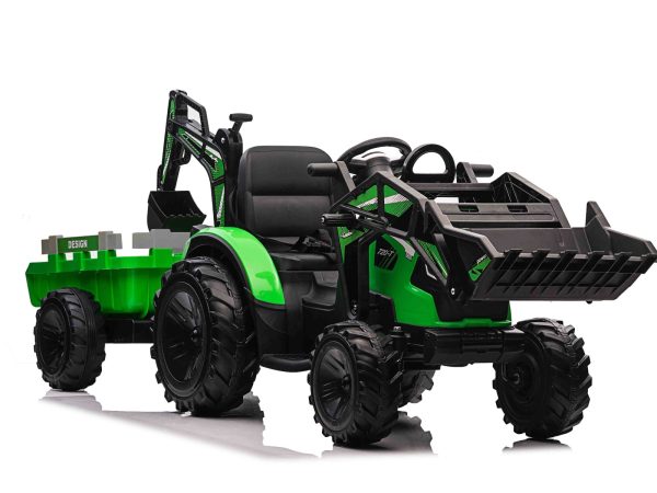 Tractor electric TOP-WORKER 12V cu cupă și remorcă, verde, Scaun simplu, moale din PU, MP3 Player cu intrare USB, Tracțiune spate, Motor 2 x 45W, roți EVA, Baterie litiu, Teldecomandă