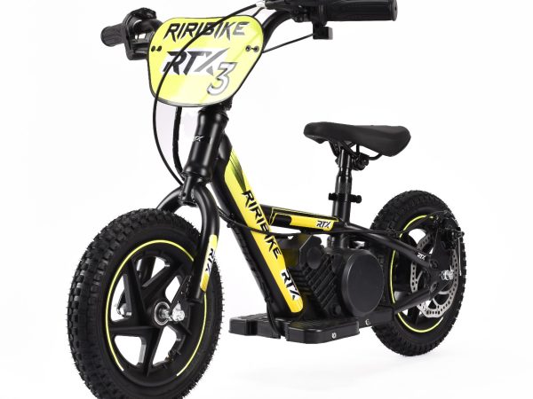 Bicicletă electrică pentru copii TRYBIKE RTX3 24V (12'), galben, baterie litiu, motor 100W, frână disc, Scaun reglabil din PU moale