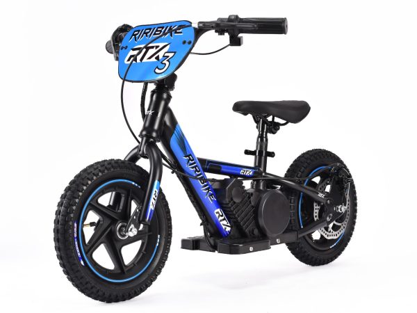 Bicicletă electrică pentru copii TRYBIKE RTX3 24V (12'), albastru, baterie litiu, motor 100W, frână disc, Scaun reglabil din PU moale