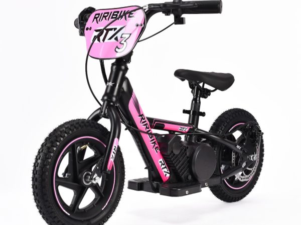 Bicicletă electrică pentru copii TRYBIKE RTX3 24V (12'), roz, baterie litiu, motor 100W, frână disc, Scaun reglabil din PU moale