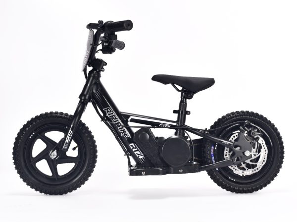 Bicicletă electrică pentru copii TRYBIKE RTX3 24V (12'), negru, baterie litiu, motor 100W, frână disc, Scaun reglabil din PU moale