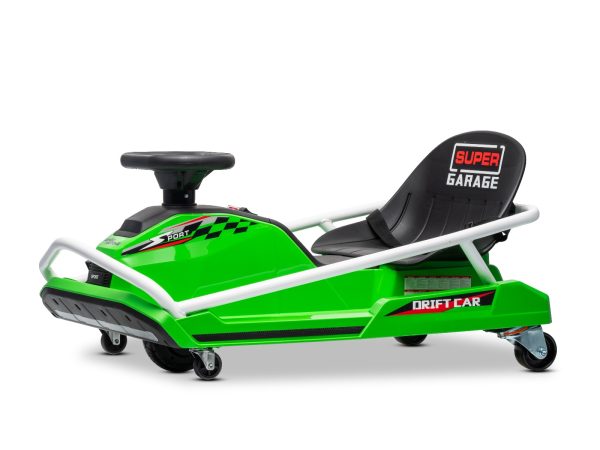 Kart Drifting 24V, verde, motor fără perii de 300W, baterie litiu, mod Drift cu viteză de 14 km/h, construcție din fier masiv, centură de siguranță, scaun sport, volan multifuncțional